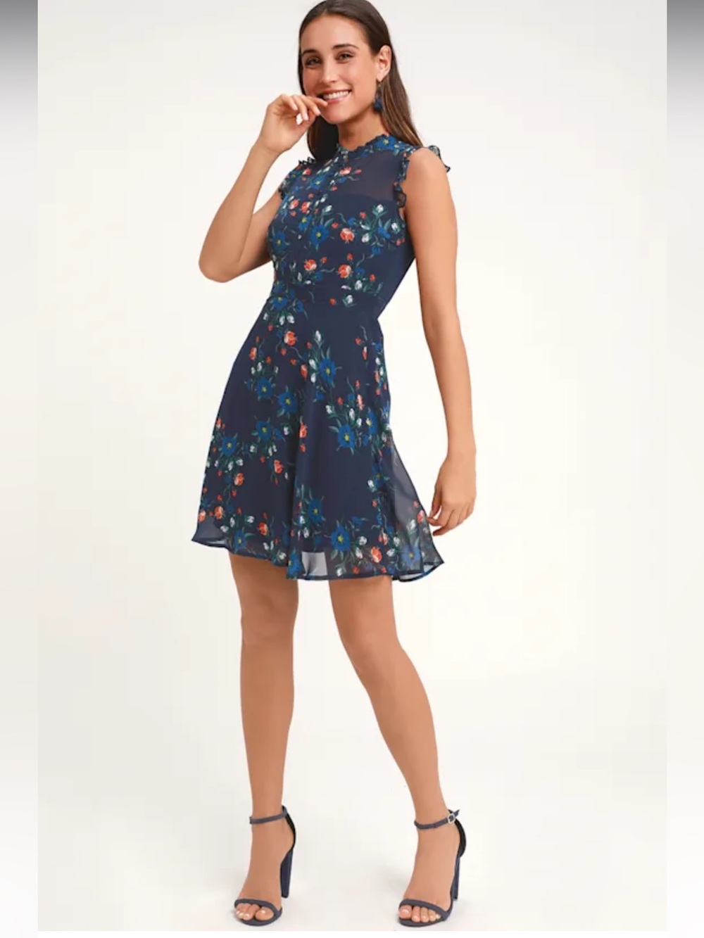 Lulus Porch Swing Skater Dress Size M Blue Floral Print Chiffon Ruffles Flared